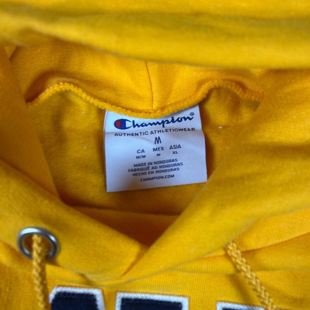 Champion Navy Est 1775 Hoodie Yellow Pullover Sweatshirt Mens Medium - Picture 4 of 6